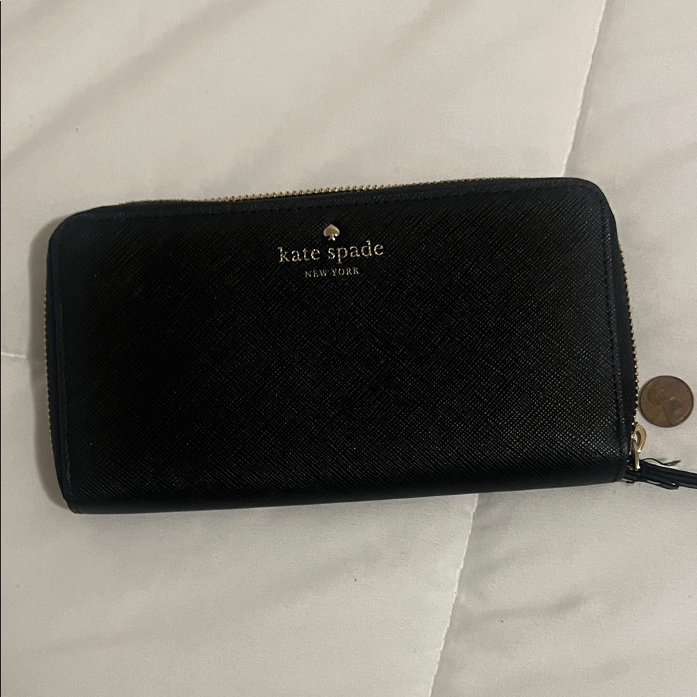 kate spade Black Saffiano Zip Around Wallet with Gold Logo